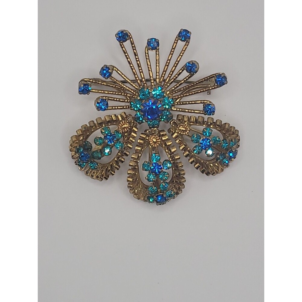 Vintage Brooch Starburst Blue Green Rhinestones Gold Tone Ornate Statement - Picture 3 of 16